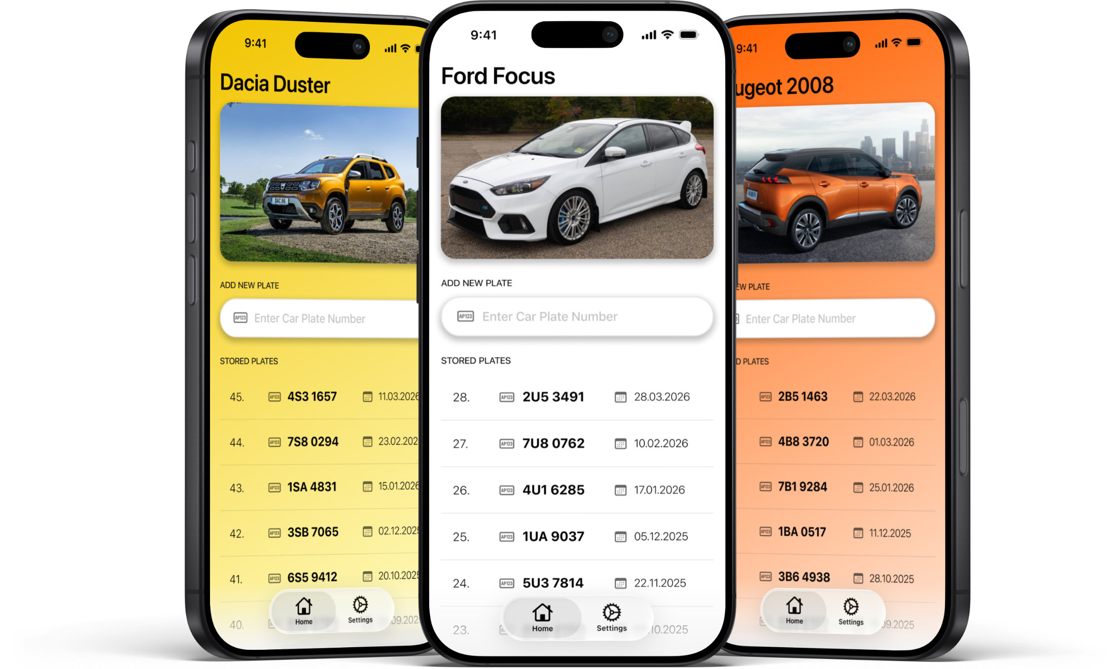 Three iPhones showing CarPlates in different color themes