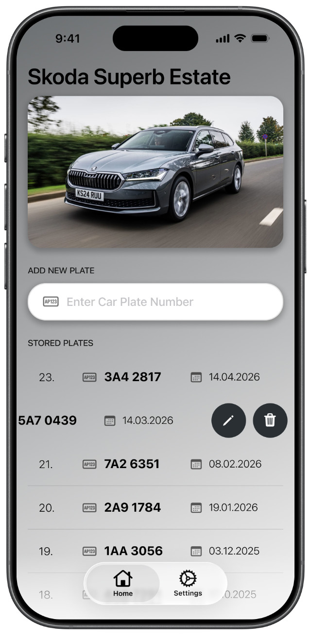 Home screen with edit and delete swipe actions revealed