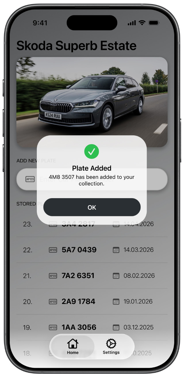 Settings screen with car name, photo, and colour picker