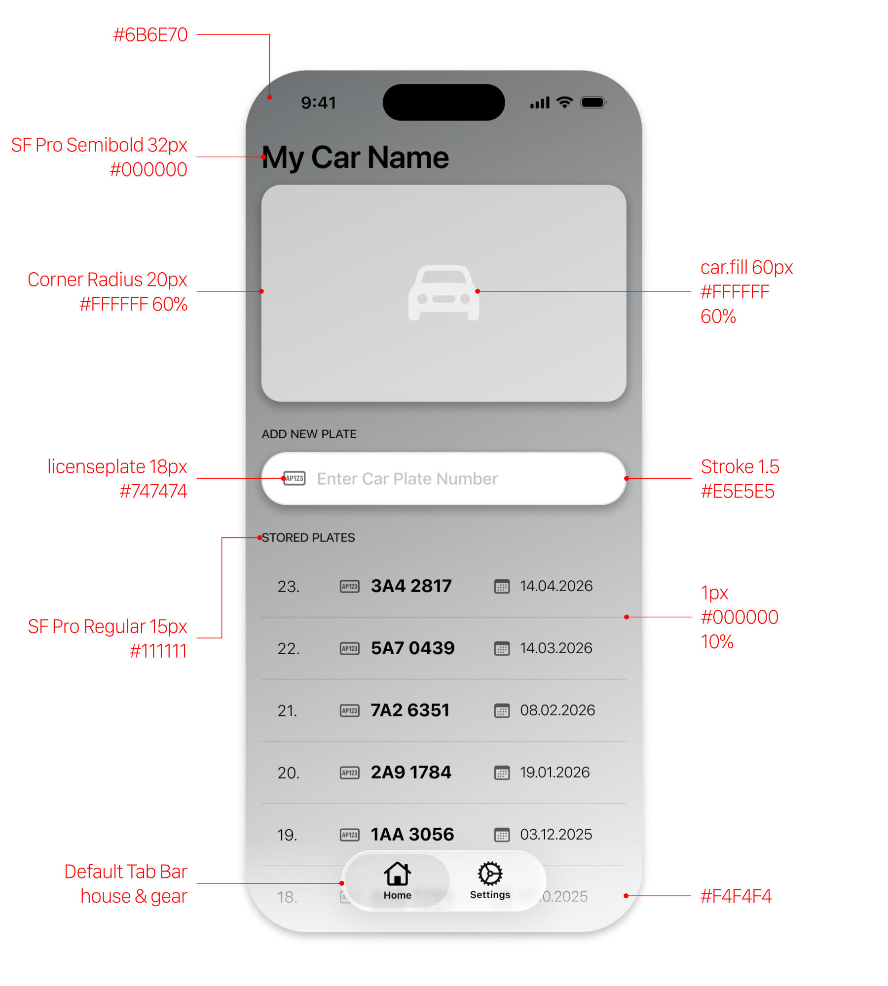 Annotated home screen showing colours, typography, corner radius, and icon sizes