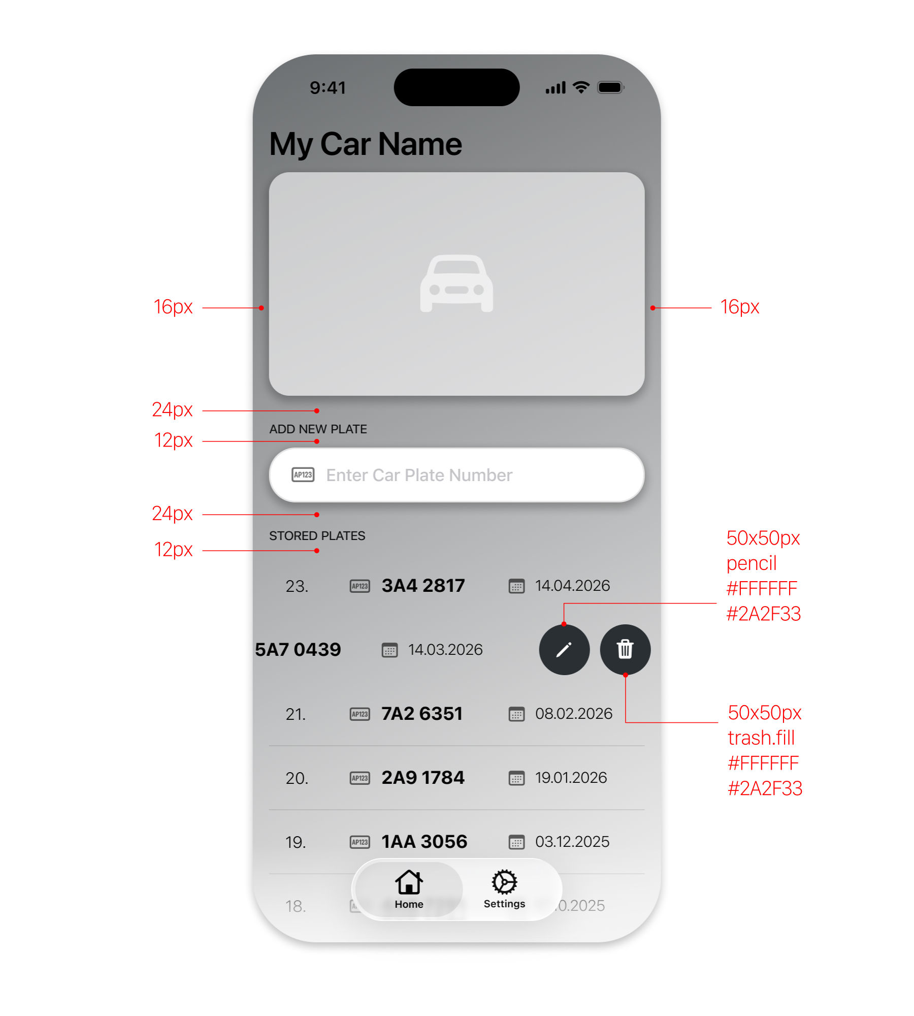 Annotated home screen with swipe actions, showing button sizes and spacing