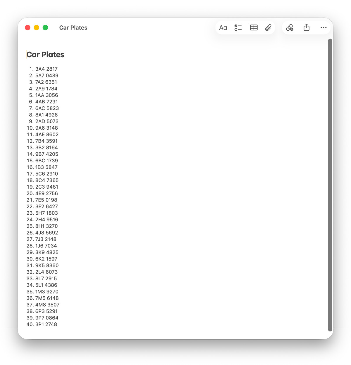 Plates in iOS Notes app