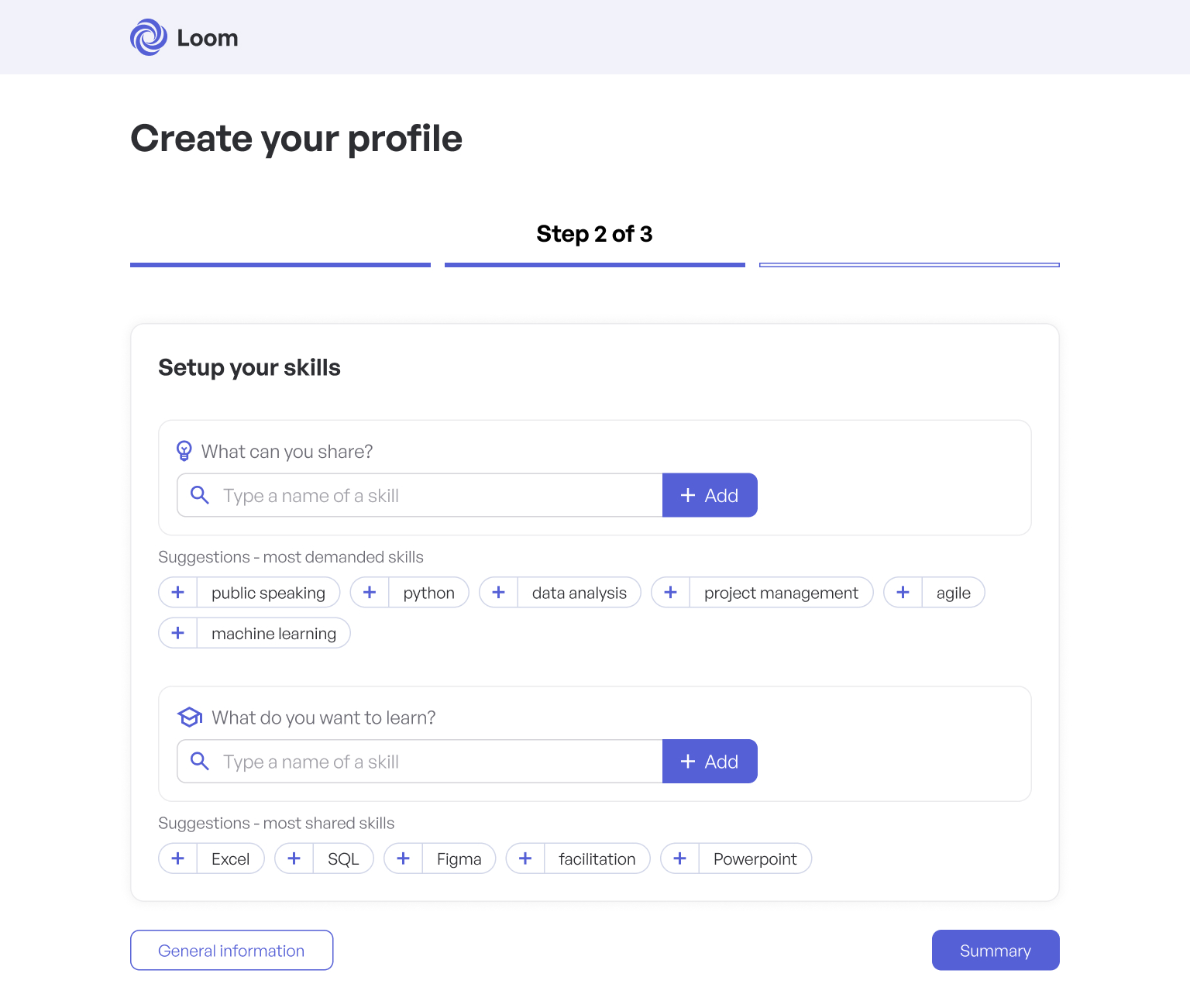 Onboarding step 2, skills setup