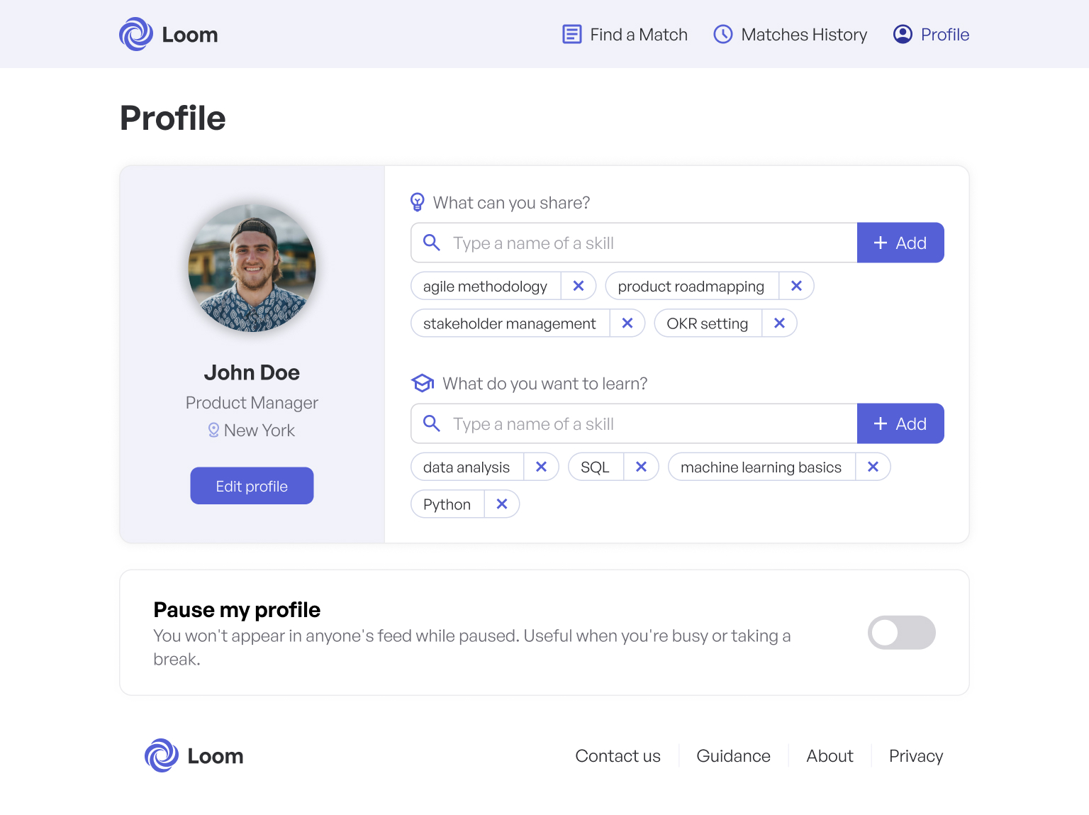 Profile screen