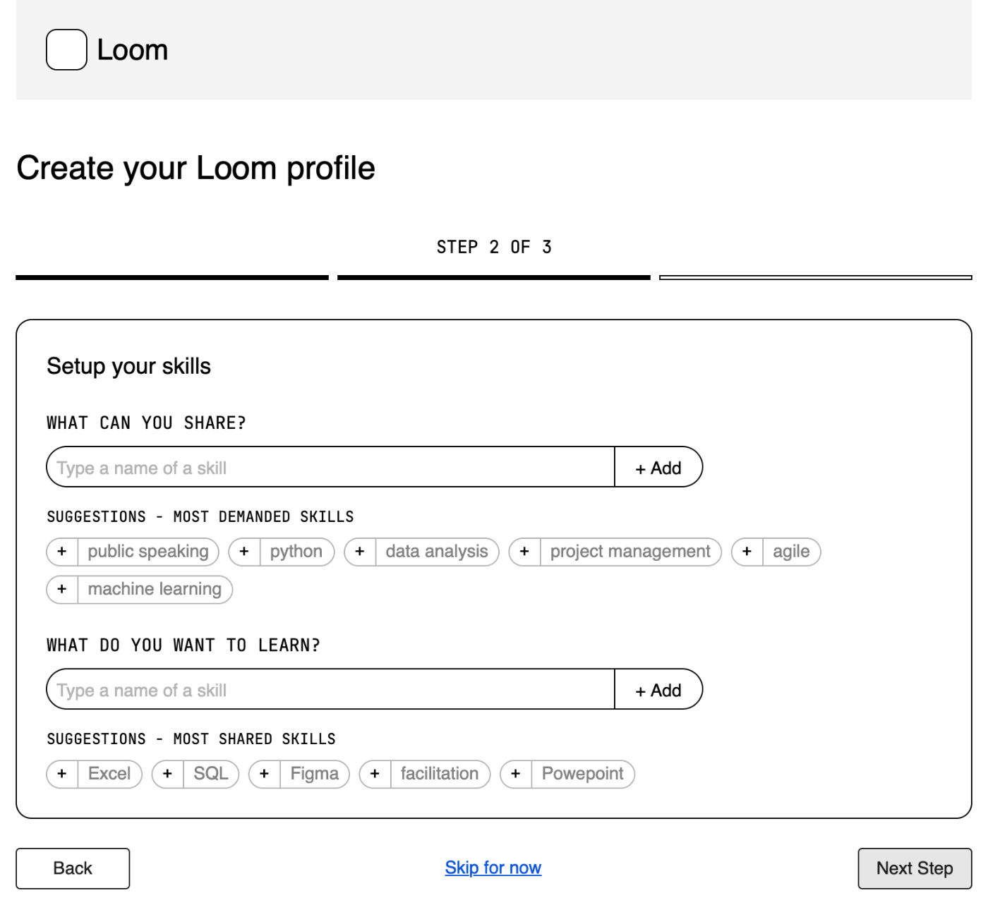 Onboarding step 2, setup your skills