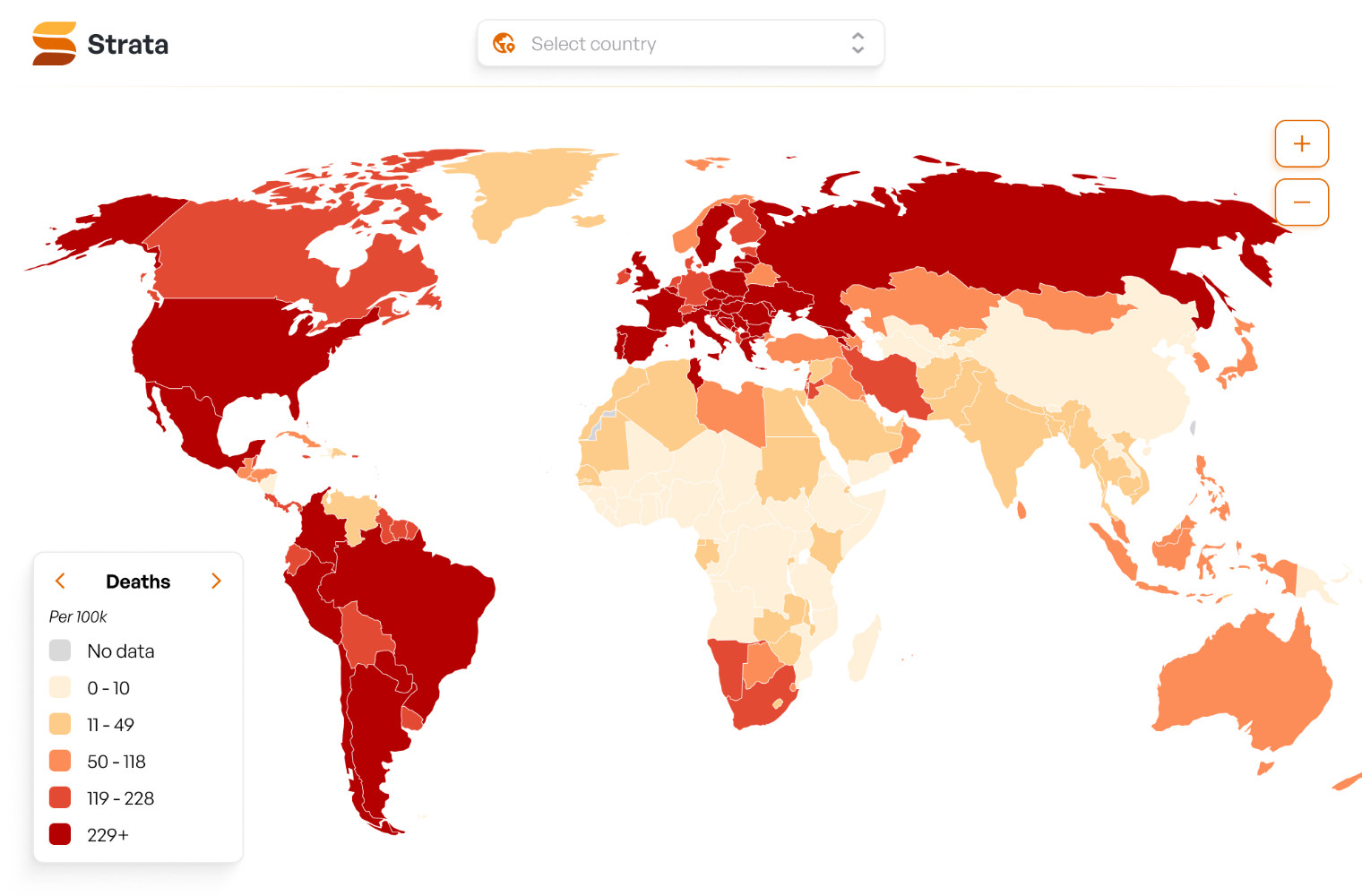 Global map, colored by deaths per 100k
